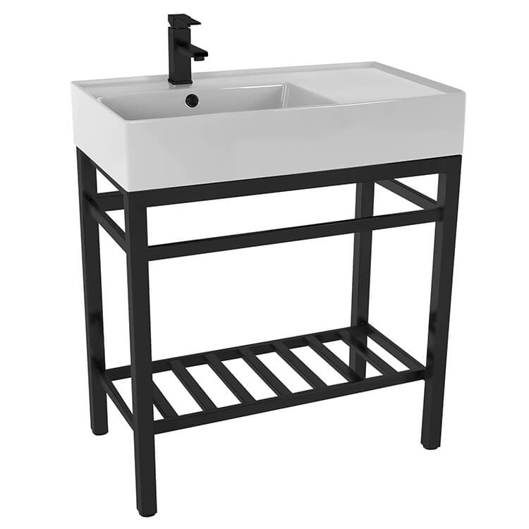 Wall Mounted Sink in Ceramic, Modern, Rectangular, 32, with Counter Space, Teorema 2 Scarabeo 5115 by Nameeks