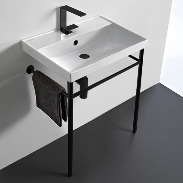 Console Bathroom Sink, Scarabeo 3004-CON-BLK, Ceramic Console Sink and Matte Black Stand