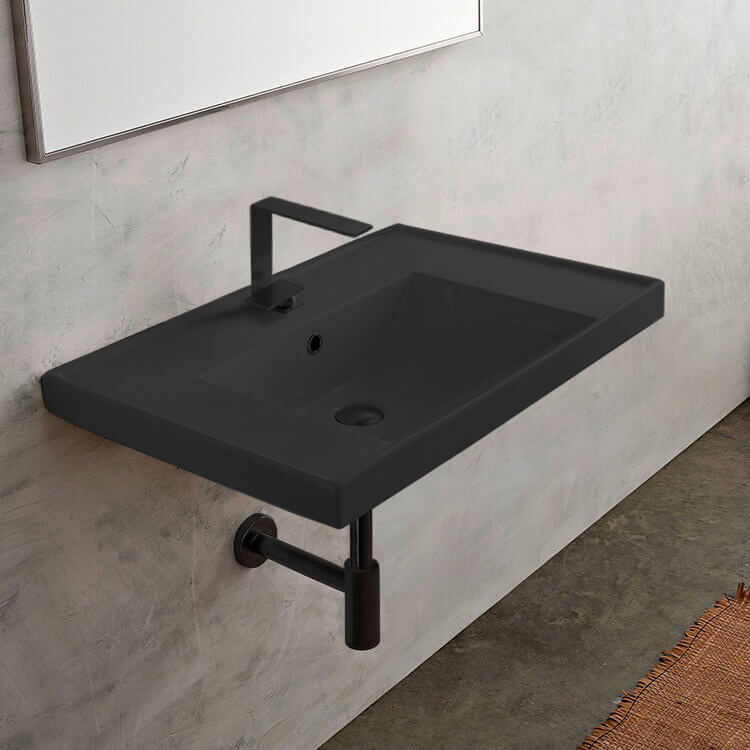 Bathroom Sink, Scarabeo 3005-49, Rectangular Matte Black Ceramic Wall Mounted Bathroom Sink