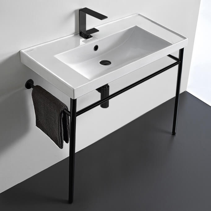 Bathroom Sink, Scarabeo 3005-CON-BLK, Rectangular Ceramic Console Sink and Matte Black Stand