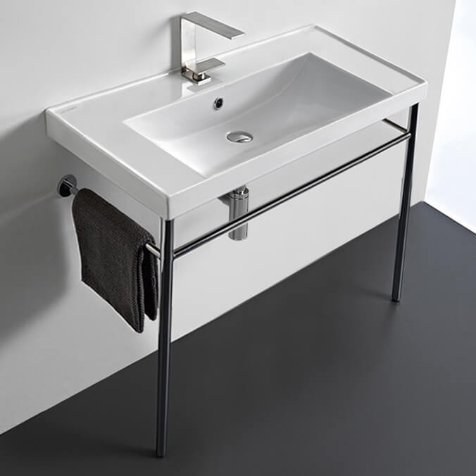 Bathroom Sink, Scarabeo 3005-CON, Rectangular Ceramic Console Sink and Polished Chrome Stand