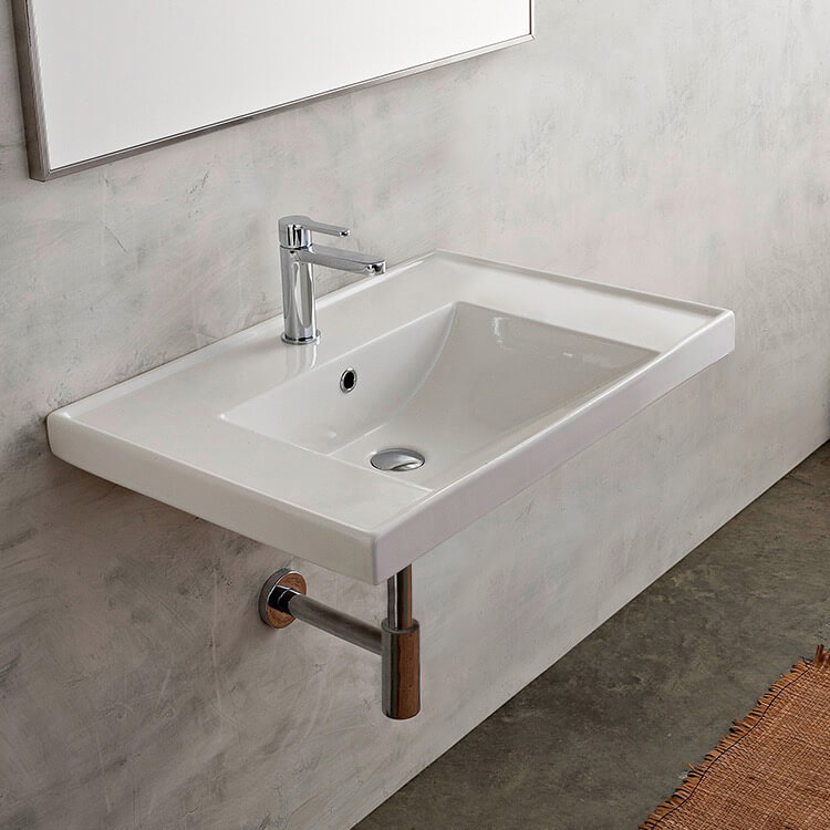 Bathroom Sink, Scarabeo 3005, Rectangular White Ceramic Drop In or Wall Mounted Bathroom Sink