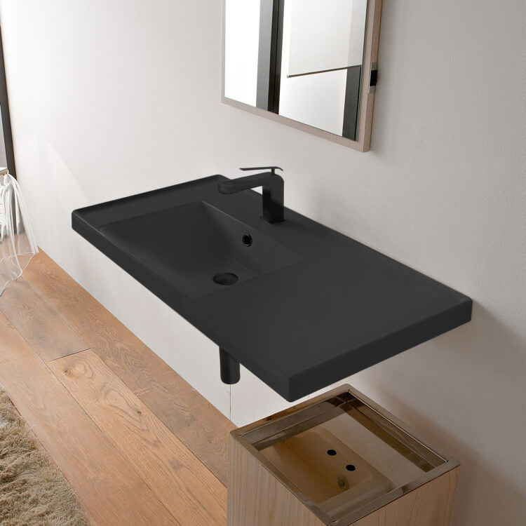 Bathroom Sink, Scarabeo 3008-49, Rectangular Matte Black Ceramic Wall Mounted Bathroom Sink