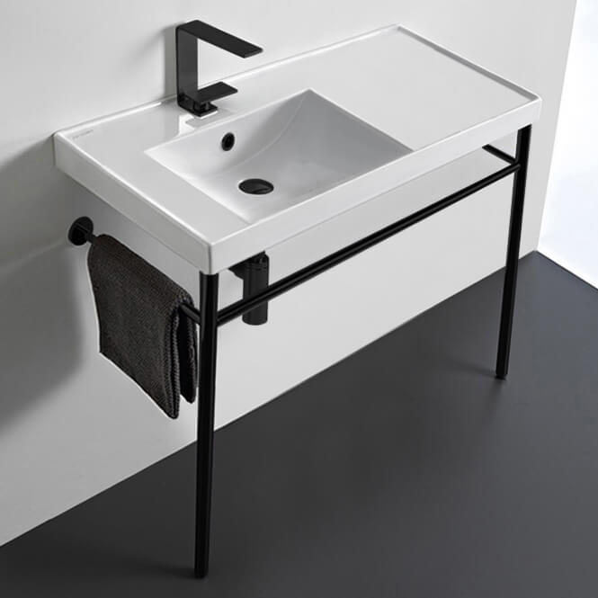 Bathroom Sink, Scarabeo 3008-CON-BLK, Rectangular Ceramic Console Sink and Matte Black Stand