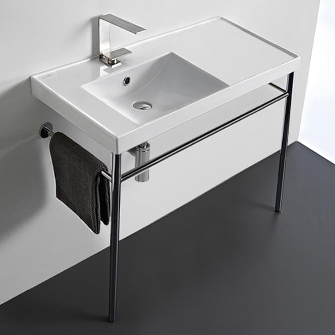 Bathroom Sink, Scarabeo 3008-CON, Rectangular Ceramic Console Sink and Polished Chrome Stand