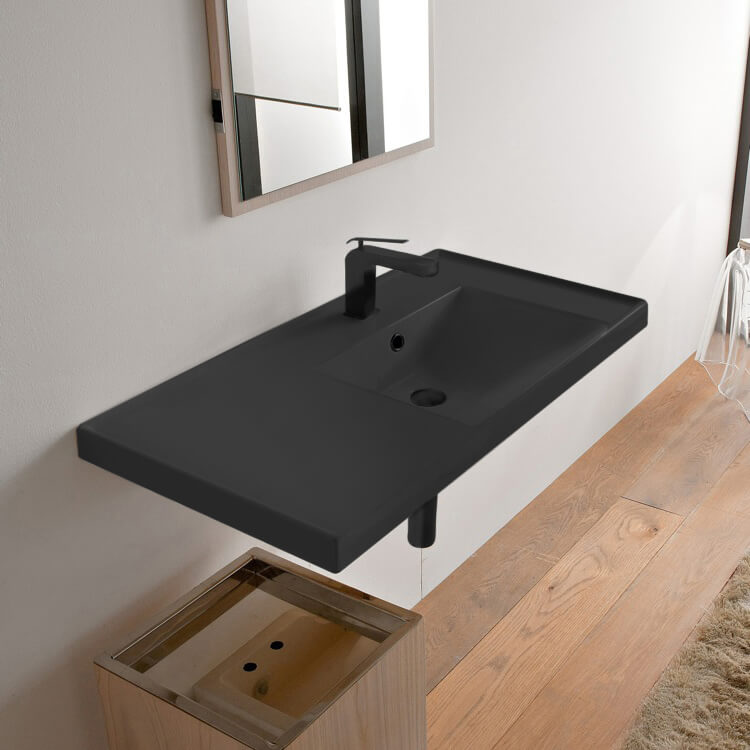 Bathroom Sink, Scarabeo 3009-49, Rectangular Matte Black Ceramic Wall Mounted Bathroom Sink