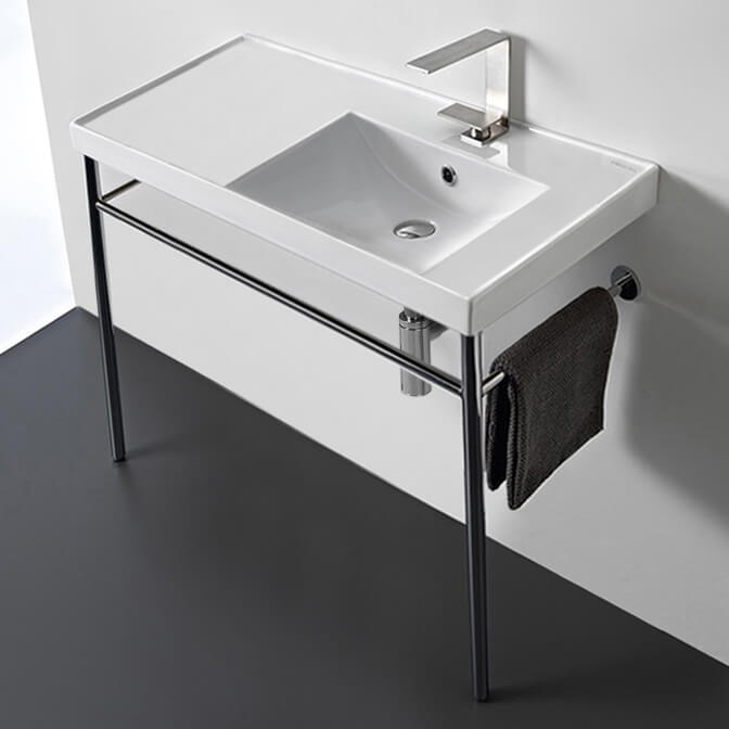 Bathroom Sink, Scarabeo 3009-CON, Rectangular Ceramic Console Sink and Polished Chrome Stand