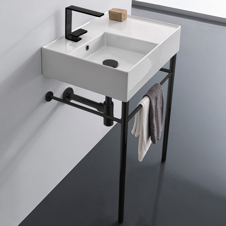 Console Bathroom Sink, Scarabeo 5114-CON-BLK, Ceramic Console Sink and Matte Black Stand
