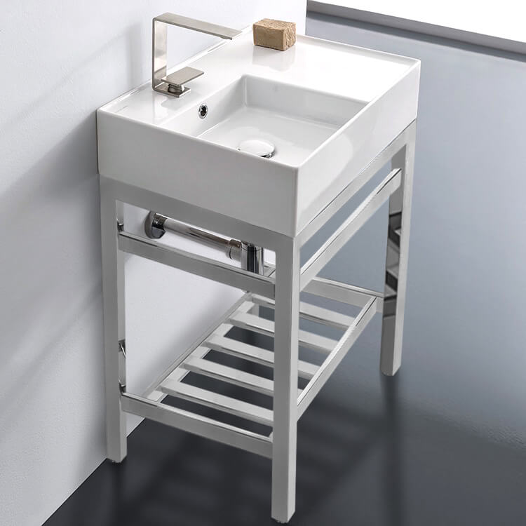 Console Bathroom Sink, Scarabeo 5114-CON2, Modern Ceramic Console Sink With Counter Space and Chrome Base