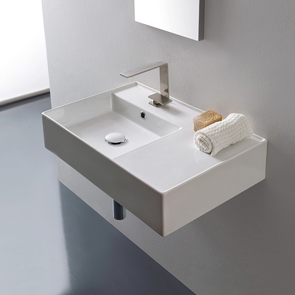 Bathroom Sink, Scarabeo 5114, Rectangular Ceramic Wall Mounted or Vessel Sink With Counter Space