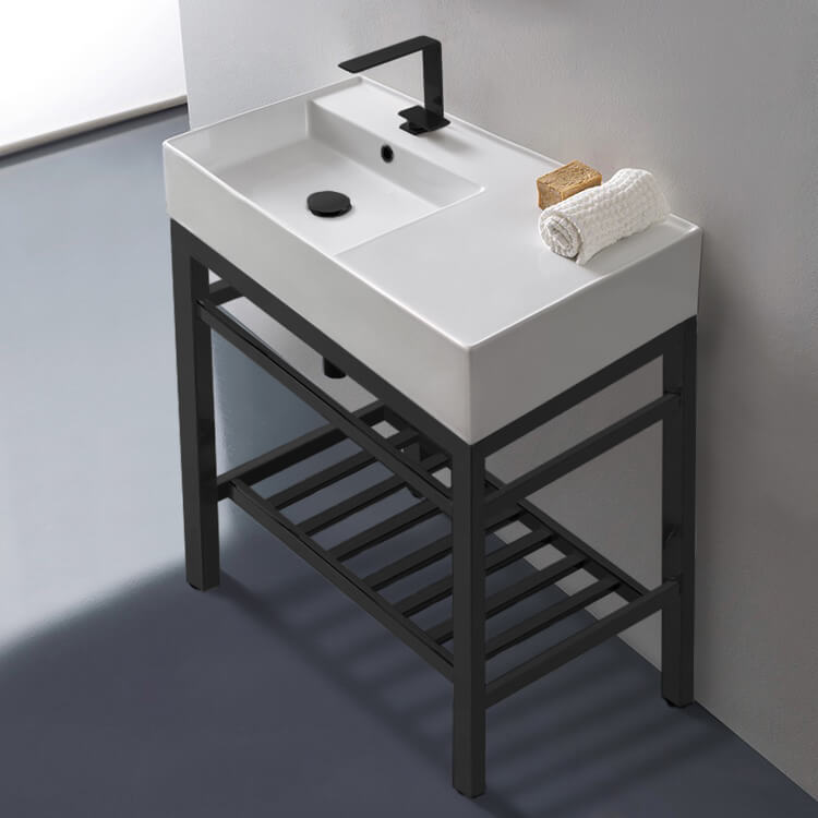 Wall Mounted Sink in Ceramic, Modern, Rectangular, 32, with Counter Space, Teorema 2 Scarabeo 5115 by Nameeks