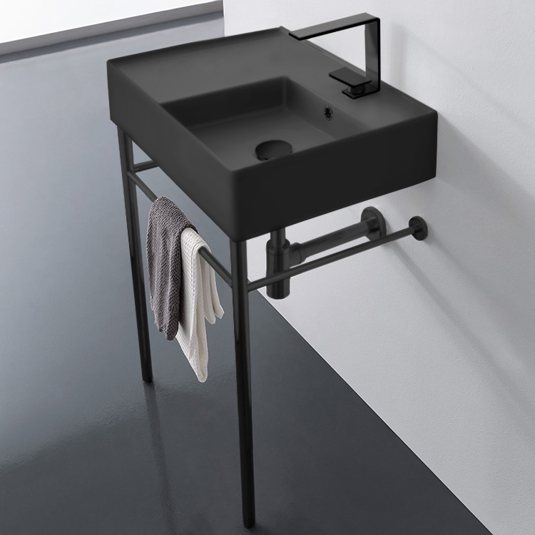 Bathroom Sink, Scarabeo 5117-49-CON-BLK, Matte Black Ceramic Console Sink and Matte Black Stand