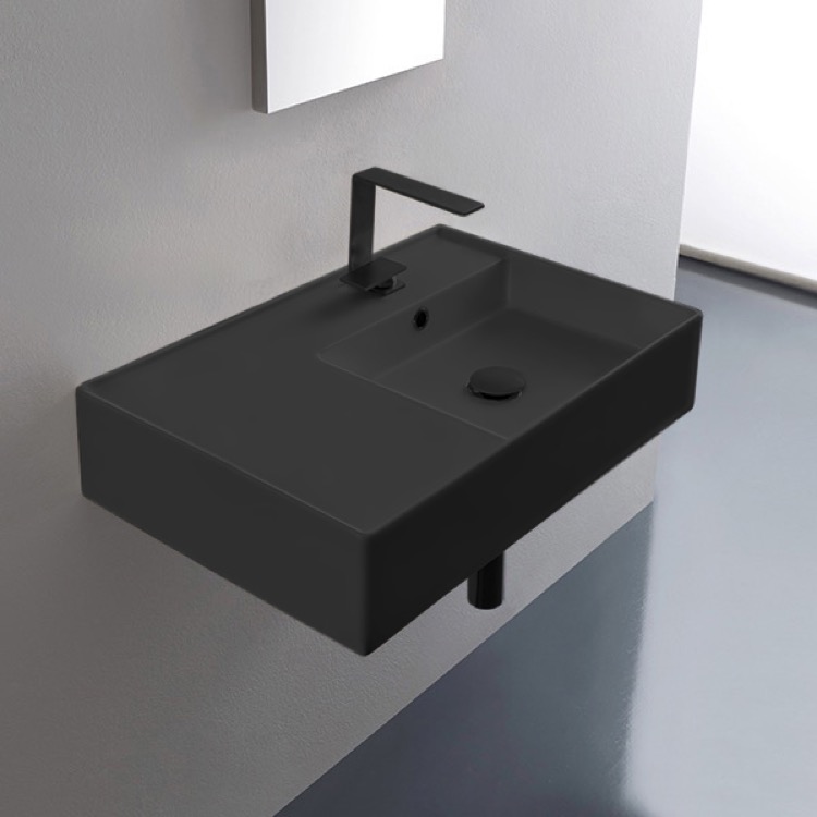 Bathroom Sink, Scarabeo 5117-49-One Hole, Matte Black Ceramic Wall Mounted or Vessel Sink With Counter Space