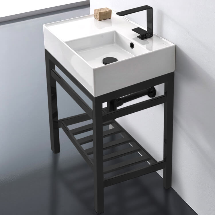 Console Bathroom Sink, Scarabeo 5117-CON2-BLK, Modern Ceramic Console Sink With Counter Space and Matte Black Base