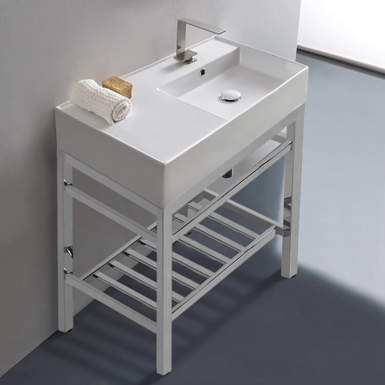 Console Bathroom Sink, Scarabeo 5118-CON2, Modern Ceramic Console Sink With Counter Space and Chrome Base