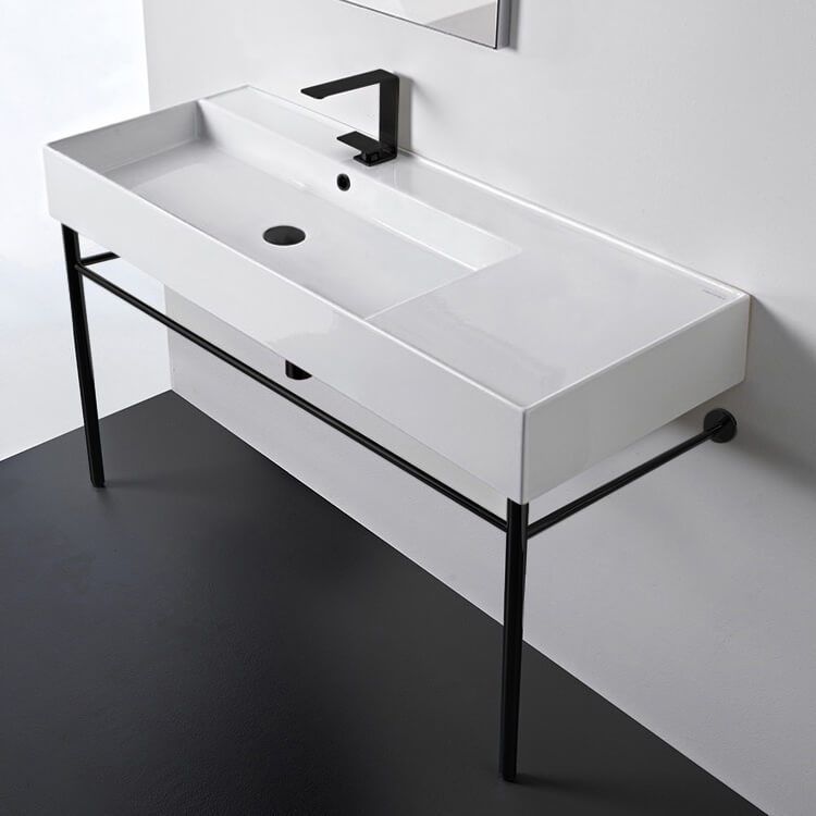 Console Bathroom Sink, Scarabeo 5119-CON-BLK, Ceramic Console Sink and Matte Black Stand