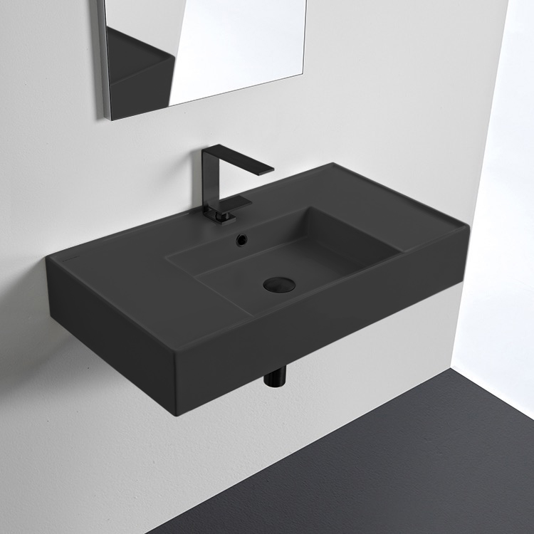 Bathroom Sink, Scarabeo 5123-49-One Hole, Matte Black Ceramic Wall Mounted or Vessel Sink With Counter Space