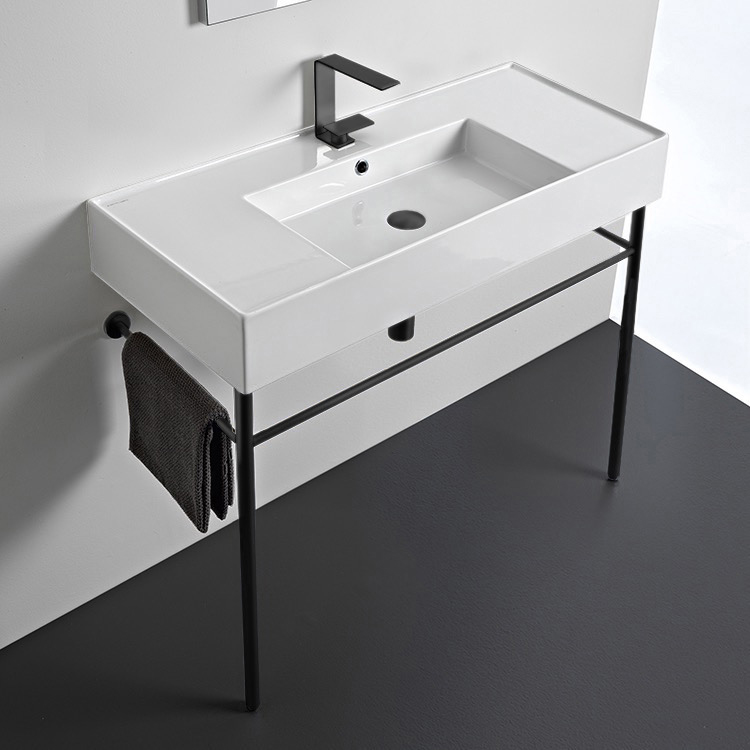 Console Bathroom Sink, Scarabeo 5124-CON-BLK, Ceramic Console Sink and Matte Black Stand