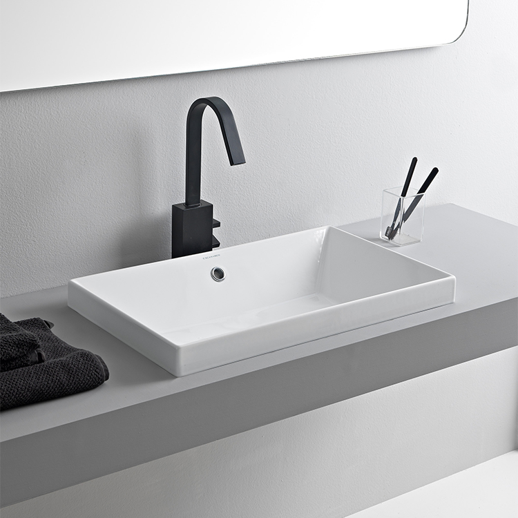 Bathroom Sink, Scarabeo 5131, Rectangular White Ceramic Drop In Sink