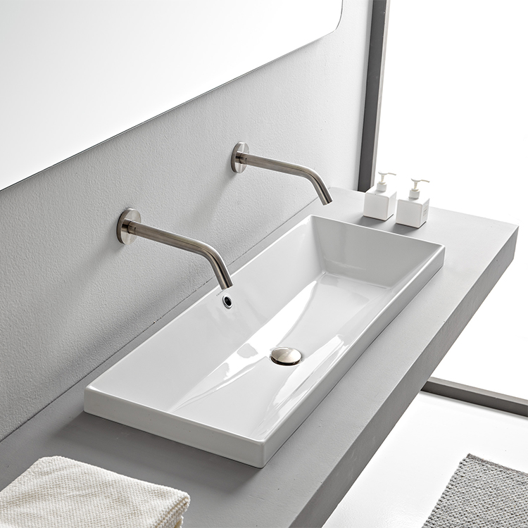 Bathroom Sink, Scarabeo 5133, Rectangular White Ceramic Trough Drop In Sink