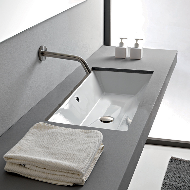 Bathroom Sink, Scarabeo 5135, Rectangular White Ceramic Undermount Sink