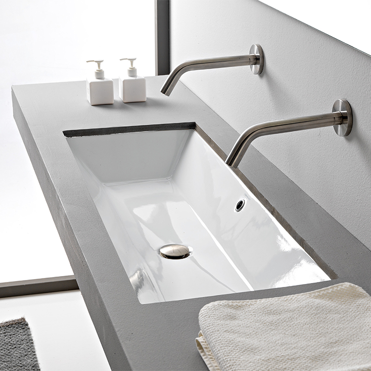 Bathroom Sink, Scarabeo 5136, Rectangular White Ceramic Trough Undermount Sink