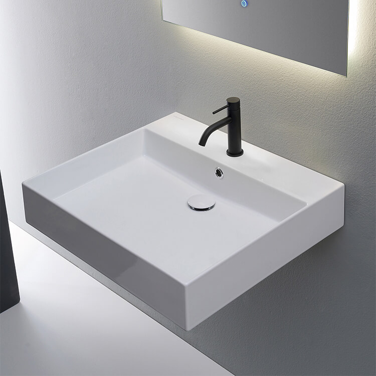 Bathroom Sink, Scarabeo 5146, Rectangular White Ceramic Wall Mounted or Vessel Sink