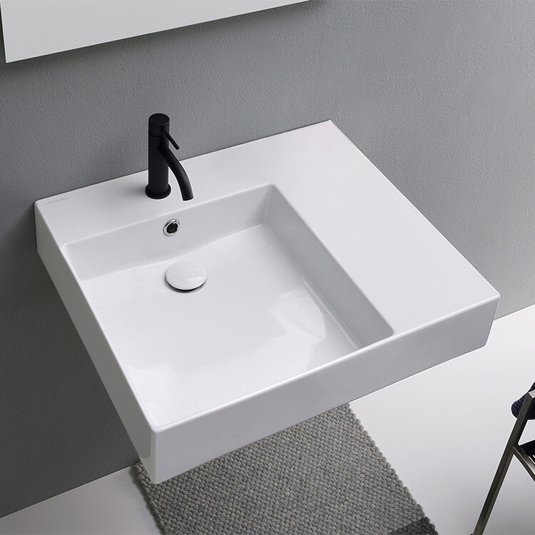 Bathroom Sink, Scarabeo 5147, Rectangular Ceramic Wall Mounted or Vessel Sink With Counter Space