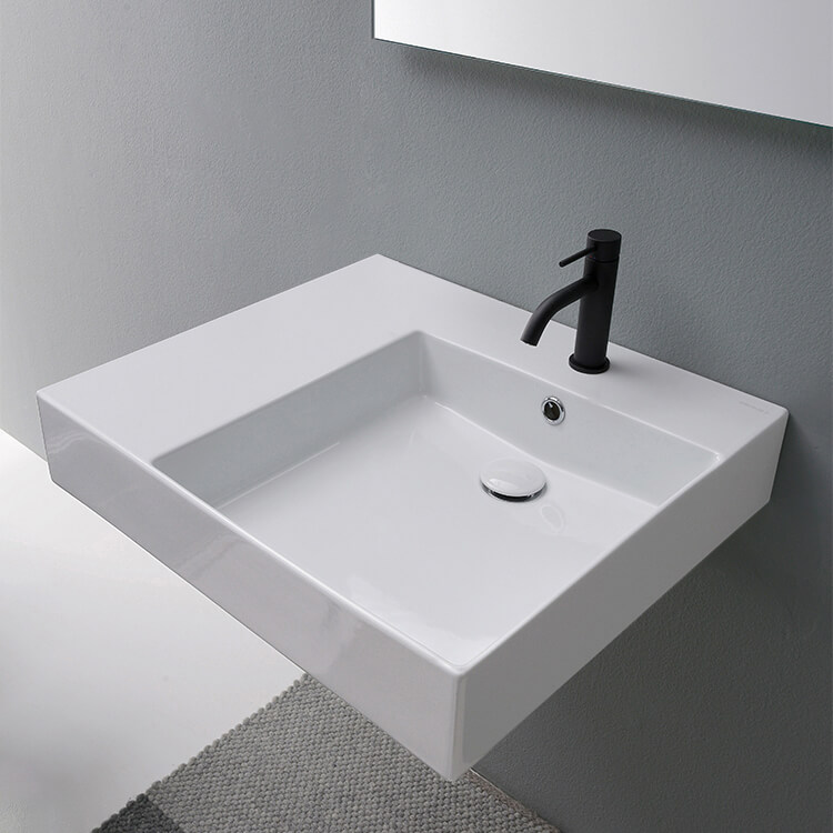 Bathroom Sink, Scarabeo 5148, Rectangular Ceramic Wall Mounted or Vessel Sink With Counter Space