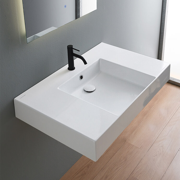 Bathroom Sink, Scarabeo 5151, Rectangular Ceramic Wall Mounted or Vessel Sink With Counter Space