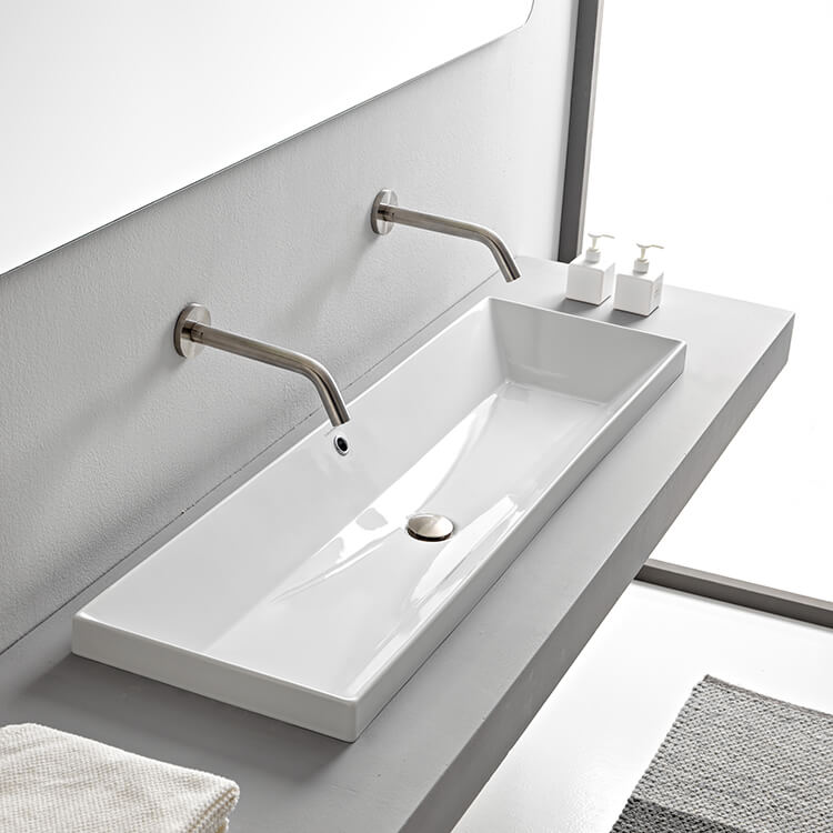 Bathroom Sink, Scarabeo 5153, Rectangular White Ceramic Trough Drop In Sink
