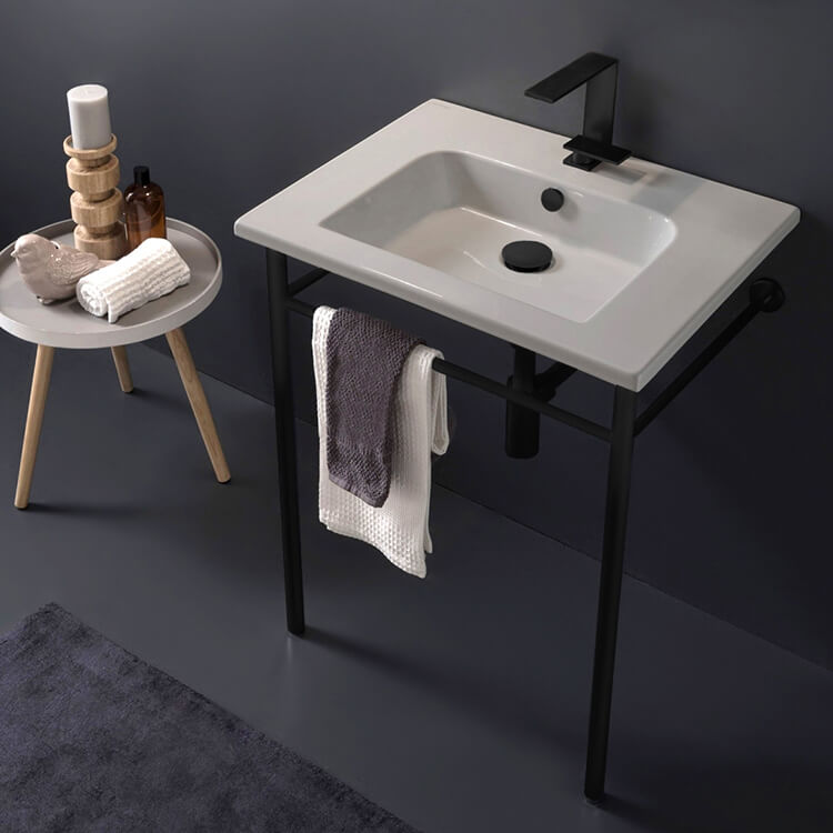 Console Bathroom Sink, Scarabeo 5210-CON-BLK, Ceramic Console Sink and Matte Black Stand