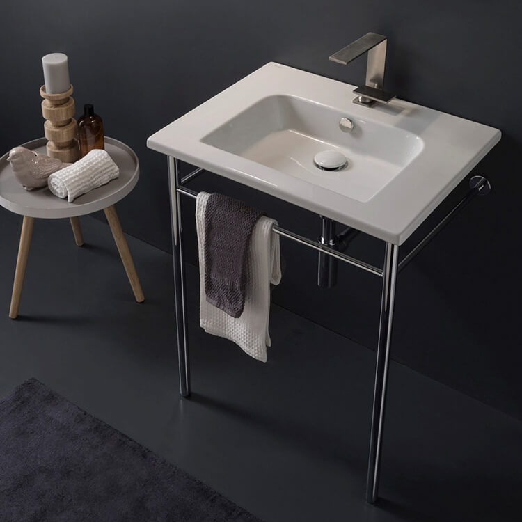Console Bathroom Sink, Scarabeo 5210-CON, Ceramic Console Sink and Polished Chrome Stand