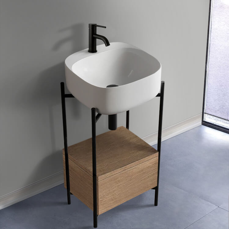 Console Bathroom Vanity, Scarabeo 5504-DIVA-89, Console Sink Vanity With Ceramic Sink and Natural Brown Oak Drawer