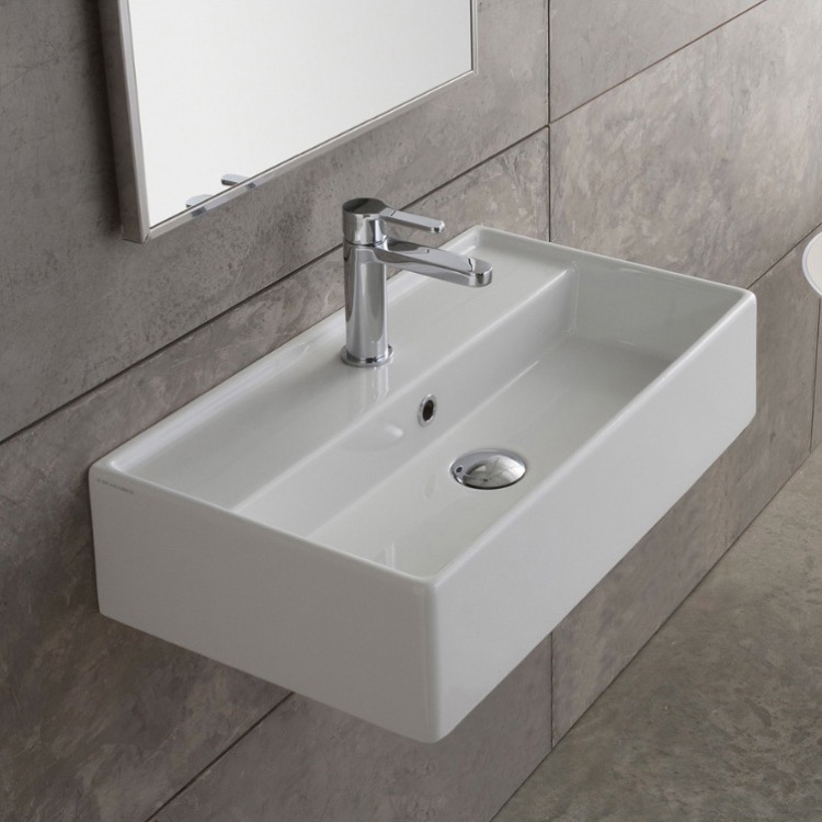 Bathroom Sink, Scarabeo 5001, Rectangular White Ceramic Wall Mounted or Vessel Sink