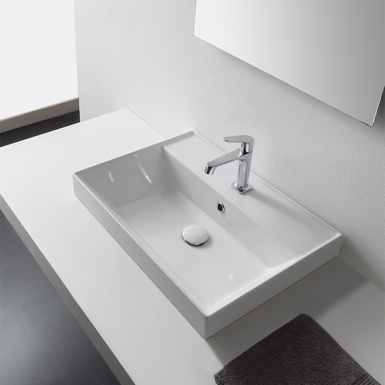 Bathroom Sink, Scarabeo 5109, Rectangular White Ceramic Drop In Sink
