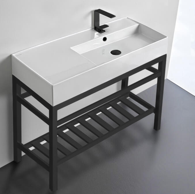 Console Bathroom Sink, Scarabeo 5120-CON2-BLK, Modern Ceramic Console Sink With Counter Space and Matte Black Base