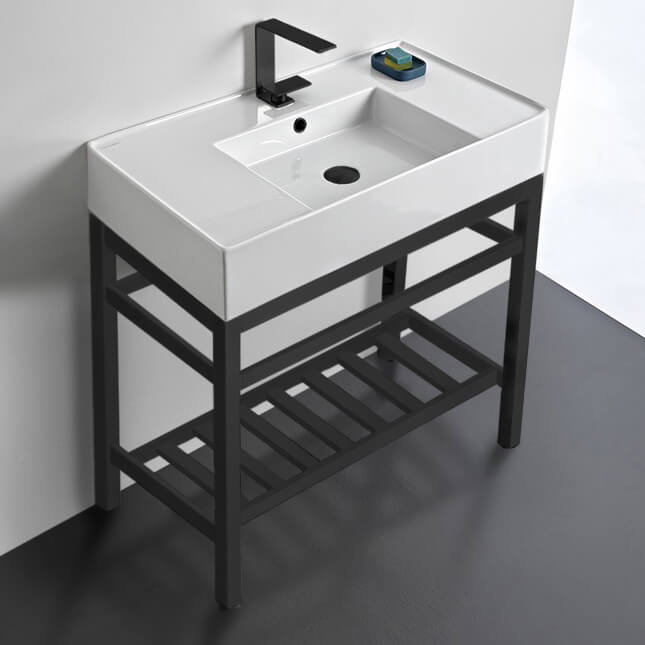 Bathroom Sink, Scarabeo 5123-CON2-BLK, Modern Ceramic Console Sink With Counter Space and Matte Black Base