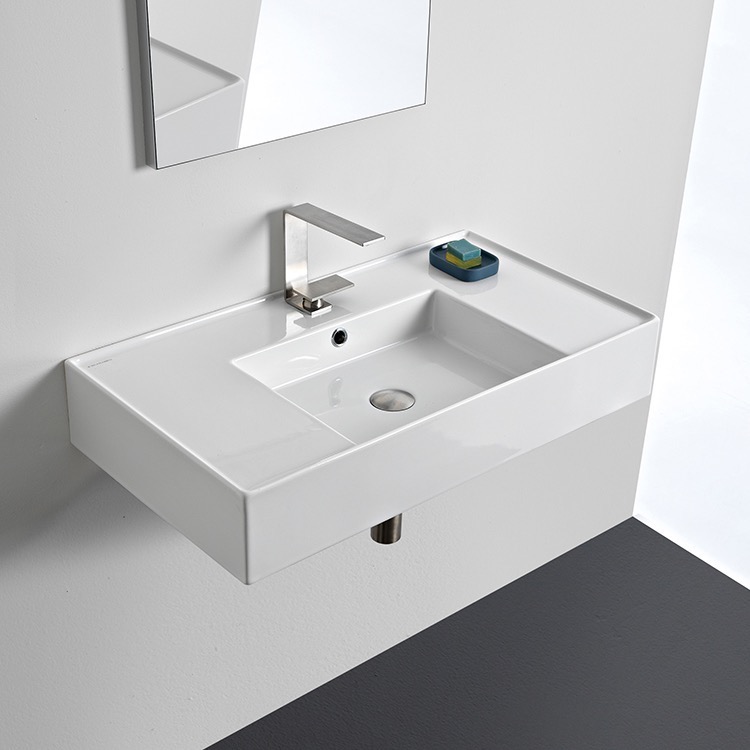 Bathroom Sink, Scarabeo 5123-One Hole, Rectangular Ceramic Wall Mounted or Vessel Sink With Counter Space