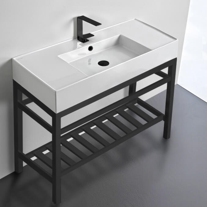 Console Bathroom Sink, Scarabeo 5124-CON2-BLK, Modern Ceramic Console Sink With Counter Space and Matte Black Base