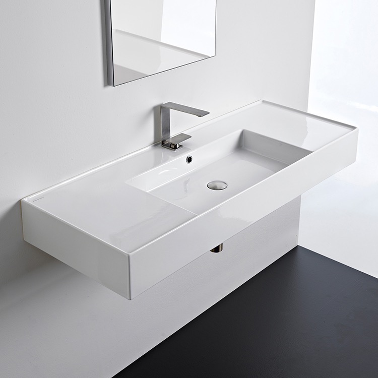 Bathroom Sink, Scarabeo 5125, Rectangular Ceramic Wall Mounted or Vessel Sink With Counter Space