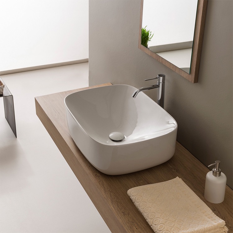 Bathroom Sink, Scarabeo 5501, Round White Ceramic Vessel Bathroom Sink