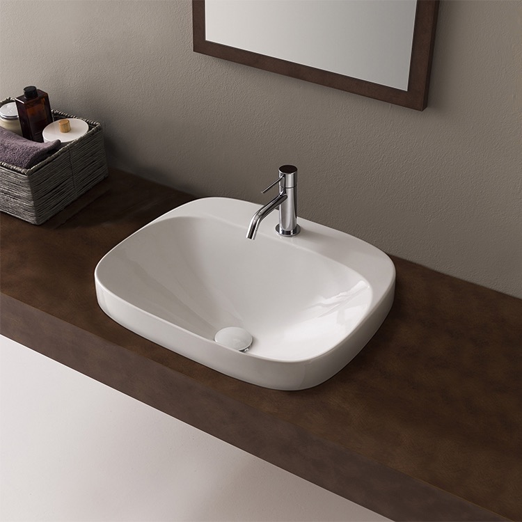 Bathroom Sink, Scarabeo 5511, Round White Ceramic Drop In Sink