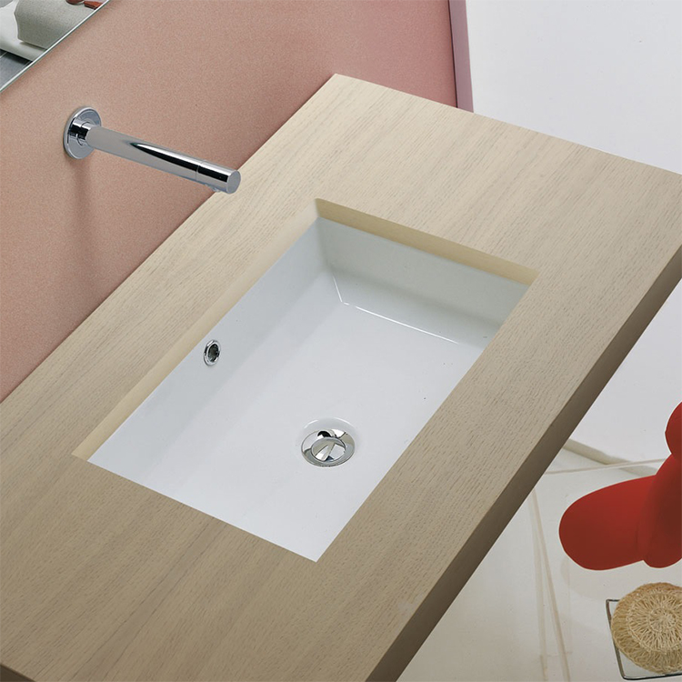Bathroom Sink, Scarabeo 8037, Rectangular White Ceramic Undermount Sink