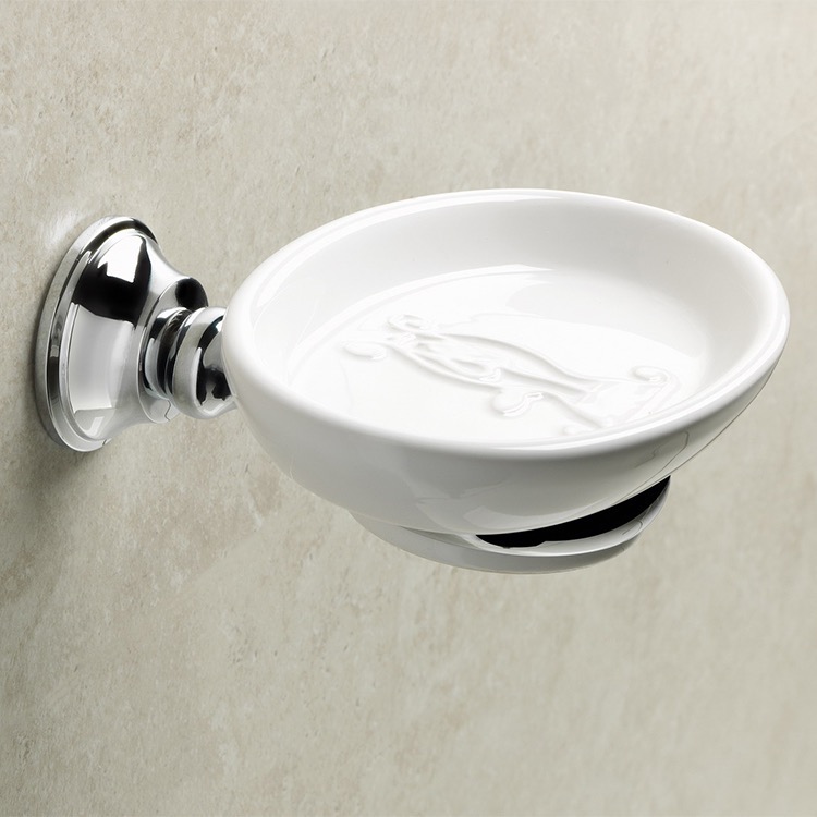 Soap Dish, StilHaus SM09, Wall Mounted Round White Ceramic Soap Dish with Brass Mounting