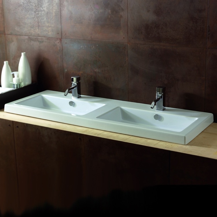 Bathroom Sink, Tecla CAN04011, Rectangular White Double Ceramic Wall Mounted or Drop In Sink