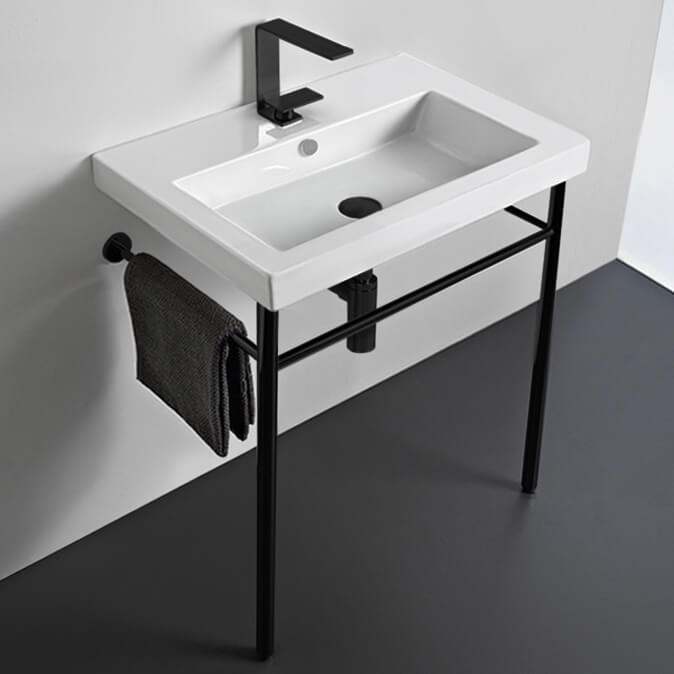 Console Bathroom Sink, Tecla CAN01011-CON-BLK, Ceramic Console Sink and Matte Black Stand
