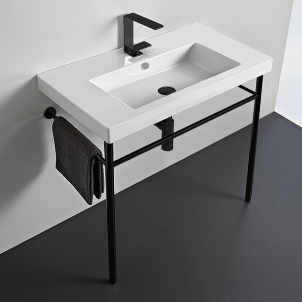 Console Bathroom Sink, Tecla CAN02011-CON-BLK, Ceramic Console Sink and Matte Black Stand