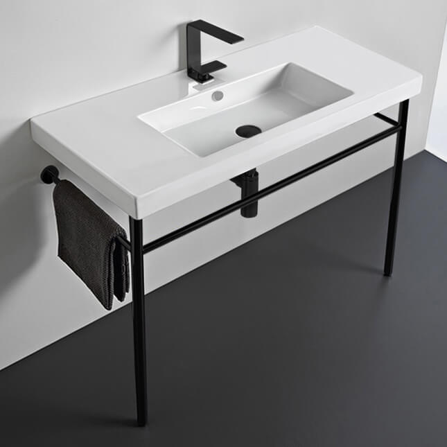 Console Bathroom Sink, Tecla CAN03011-CON-BLK, Ceramic Console Sink and Matte Black Stand