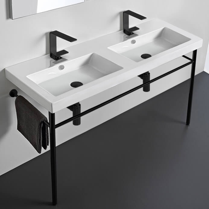 Bathroom Sink, Tecla CAN04011-CON-BLK, Double Ceramic Console Sink and Matte Black Stand
